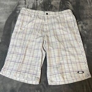 Oakley Mens Plaid Golf Shorts Size 36W White Purple Grey Performance Stretch
